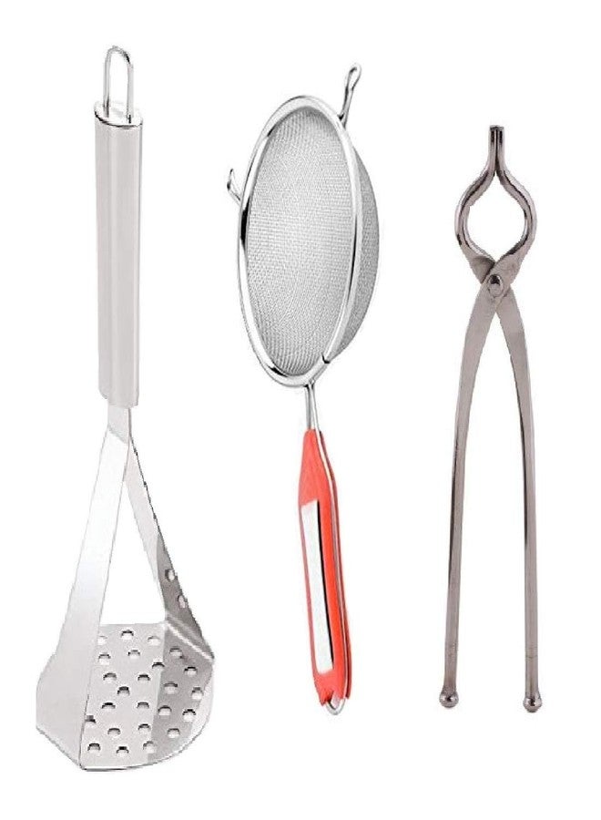 First Front Stainless Steel Kitchen Combo Set of Potato Vegetables Pav Bhaji Masher, Soup Strainer & Sandasi Pakkad Tong - Image 1